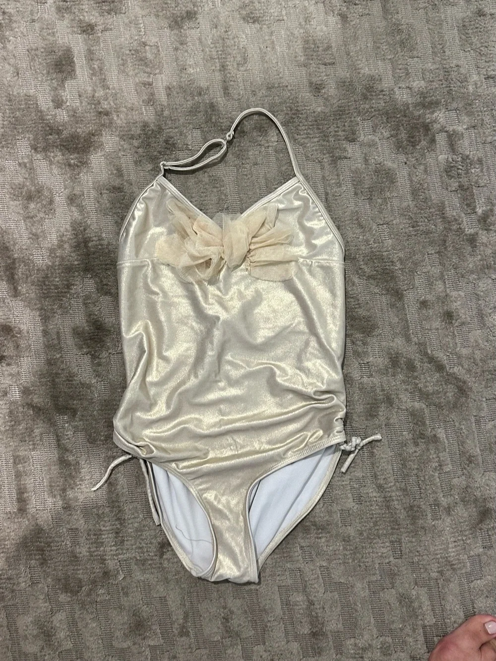 EUC Kate Mack Girls Size 12 Shimmery Gold Halter One-Piece Swimsuit with Bow